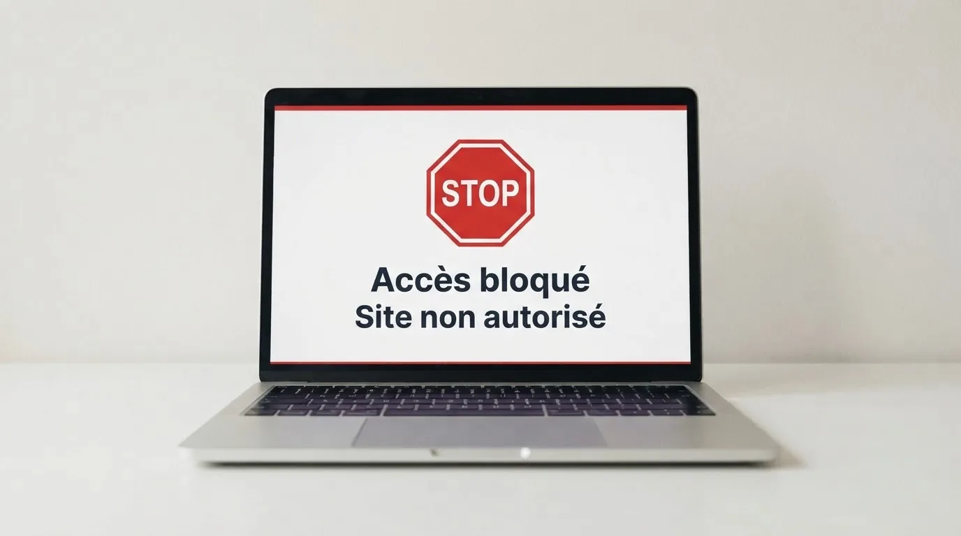 Écran affichant un message de blocage d'accès à un site de jeu non autorisé