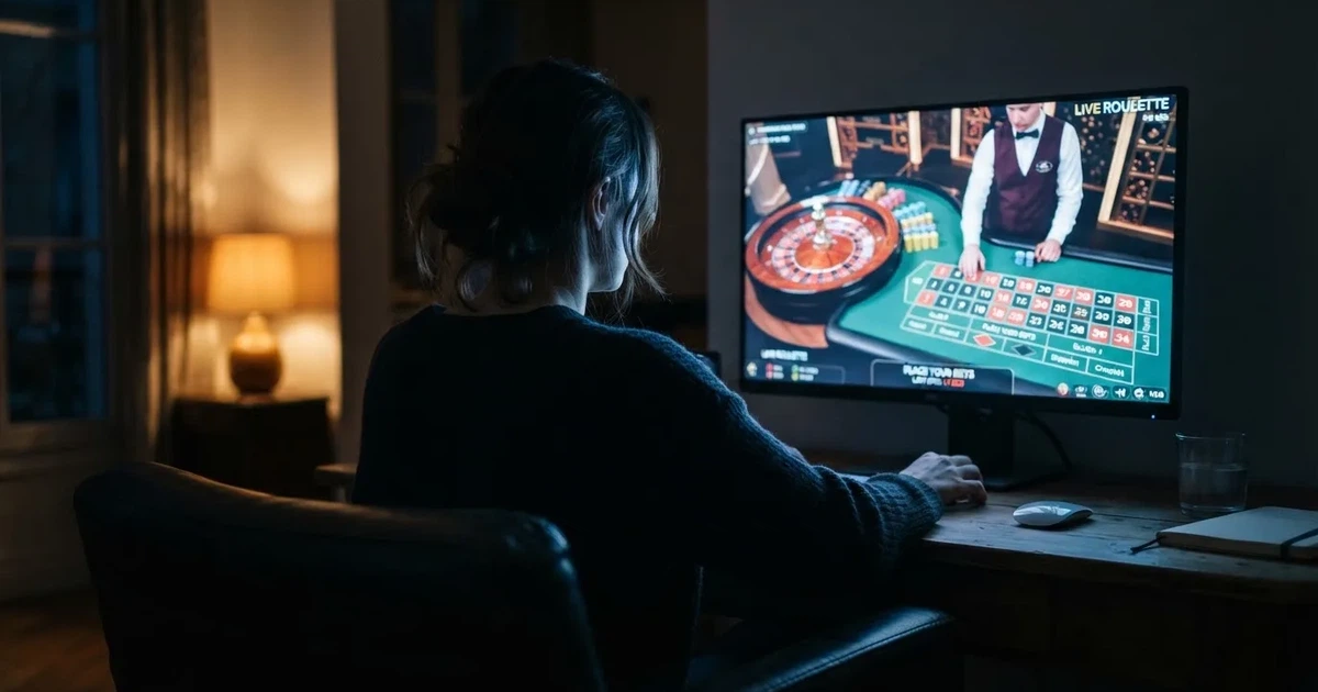Joueuse assise devant un écran affichant une table de jeu animée par un croupier filmé en direct