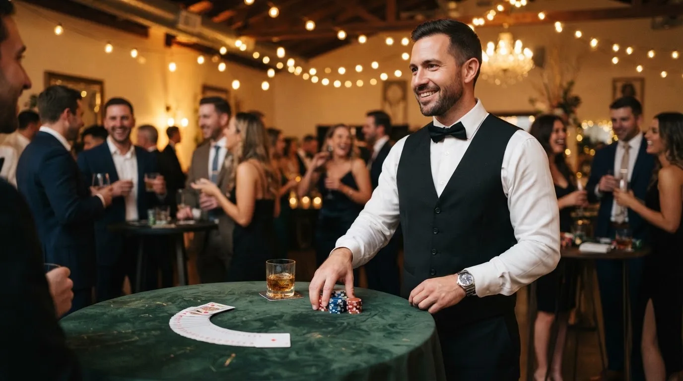 Invité portant gilet et nœud papillon pour incarner un croupier lors d'une soirée à thème casino