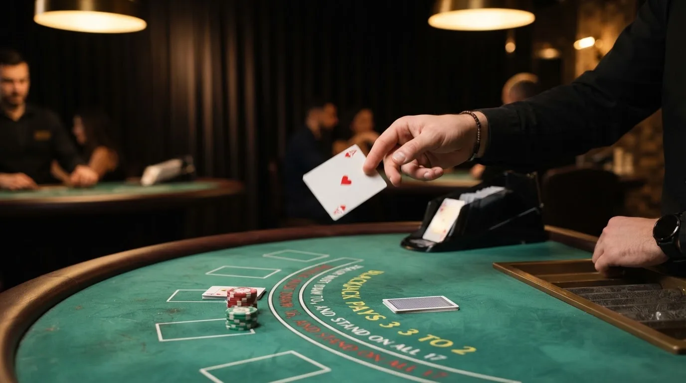 Croupier abattant les cartes issues d'un sabot lors d'une partie de blackjack en direct